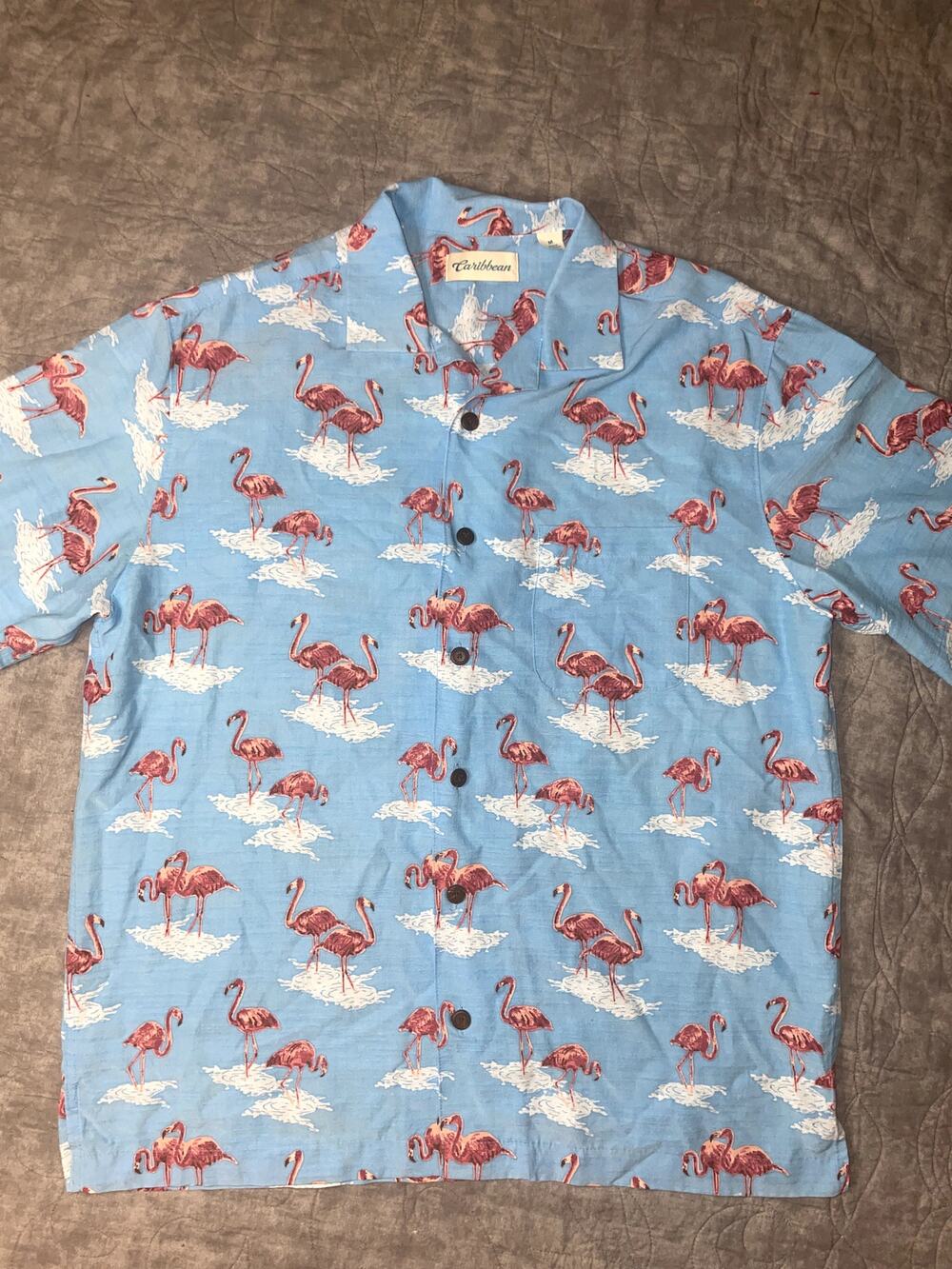 Caribbean Men’s Medium Sky Blue Flamingo Modal Blend Camp Shirt sz M